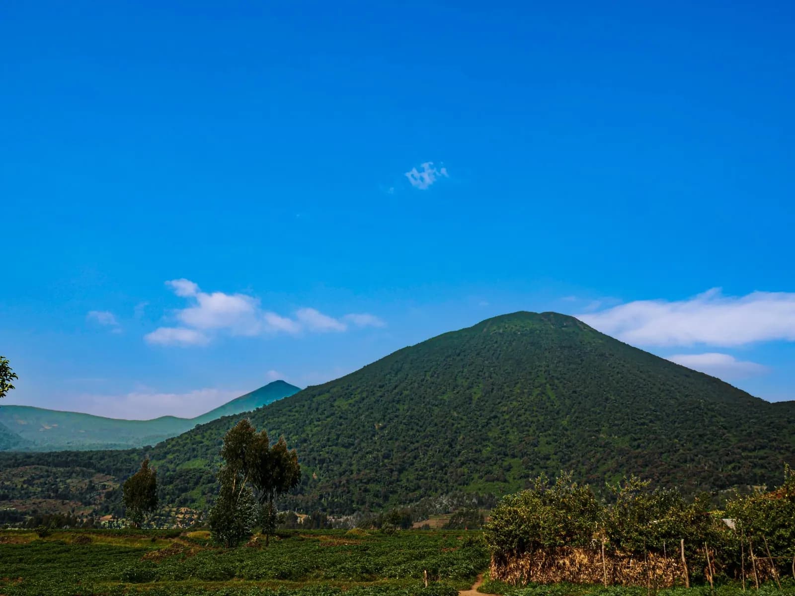 Green farmland beneath volcanic mountains and a blue sky