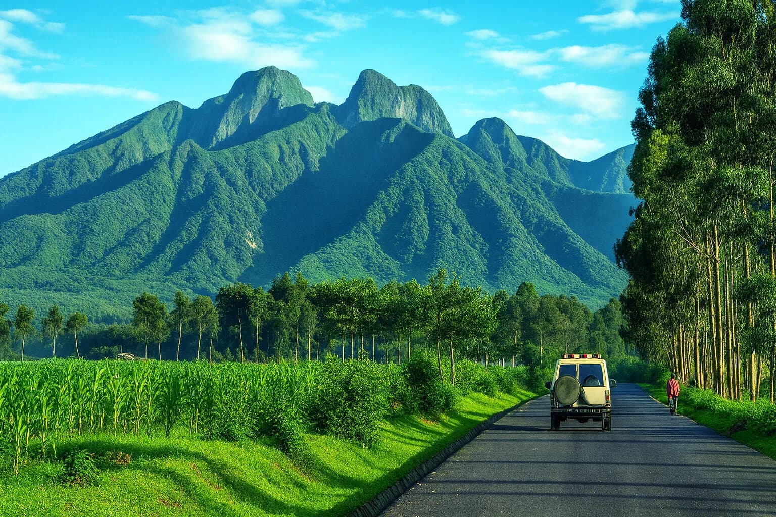 A road leading towards Rwanda’s volcanic mountains